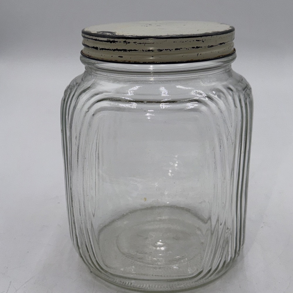 Vintage Glass Jar Canister Hoosier Cabinet Square Ribbed w/White Metal Lid 7"